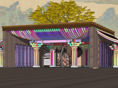 Traditional Pergola with Colorful Painted Beams Ornate Columns and Yellow Tree Backdrop 3d model
