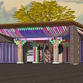 Traditional Pergola with Colorful Painted Beams Ornate Columns and Yellow Tree Backdrop