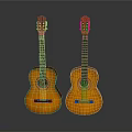 Two Wooden Classical Acoustic Guitars Placed Side by Side on Gray Background with Clear Reflections