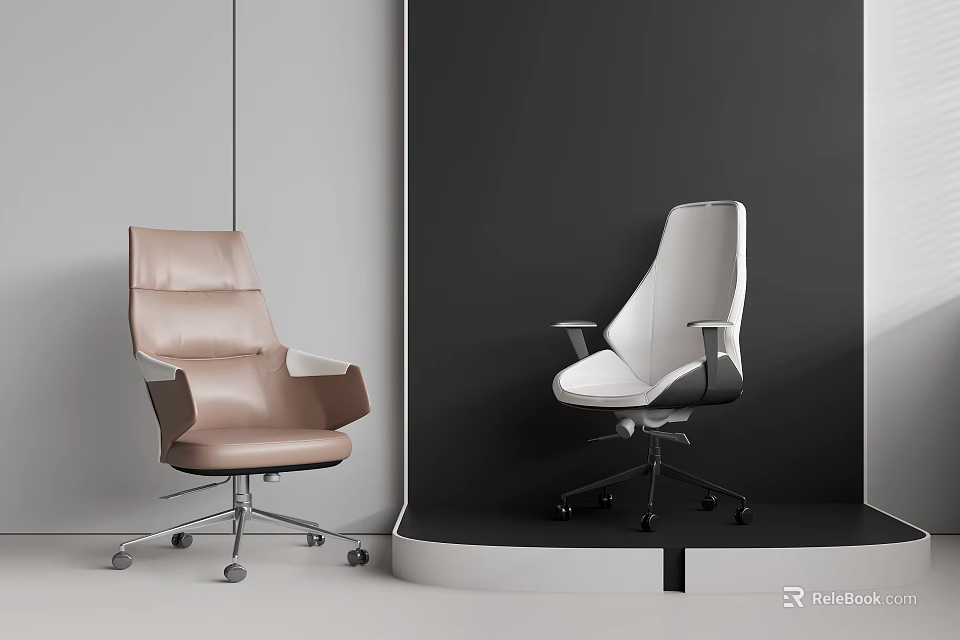 Modern Brown And White Leather Office Chairs With Metal Base And Wheels 3d model 