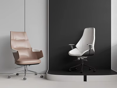 Modern Brown And White Leather Office Chairs With Metal Base And Wheels 3d model