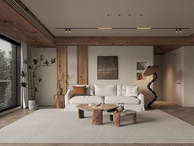 Modern Living Room Interior With White Sofa Wooden Coffee Tables Floor Lamp And Wall Painting 3d model