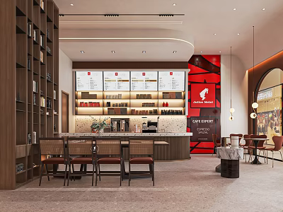 Modern Open Café Interior With Wooden Bookshelves Red Accent Wall Bar Counter And Tables Chairs 3d model
