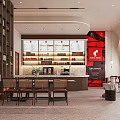 Modern Open Café Interior With Wooden Bookshelves Red Accent Wall Bar Counter And Tables Chairs