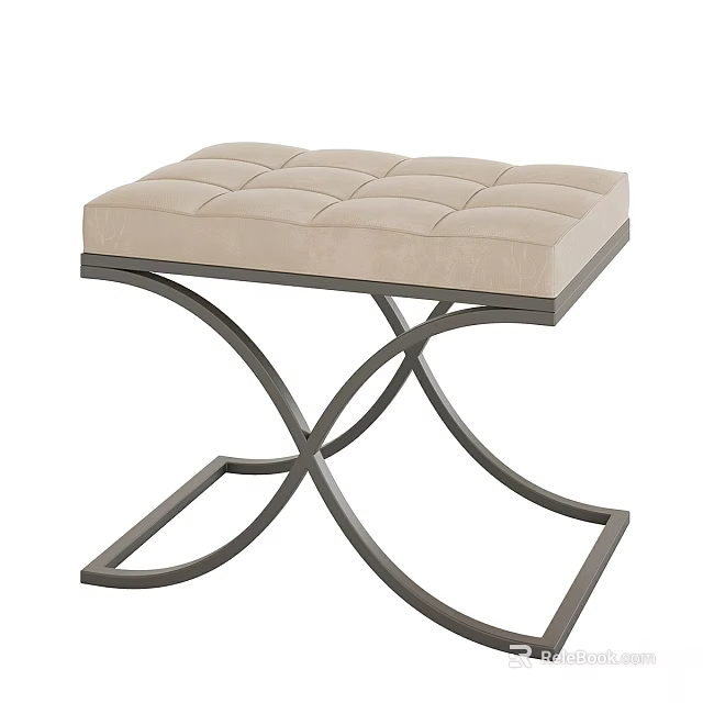 Modern Beige Tufted Sofa Stool With Curved Metal Cross Base Design 3d model