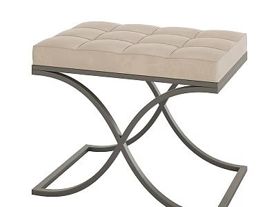 Modern Beige Tufted Sofa Stool With Curved Metal Cross Base Design 3d model