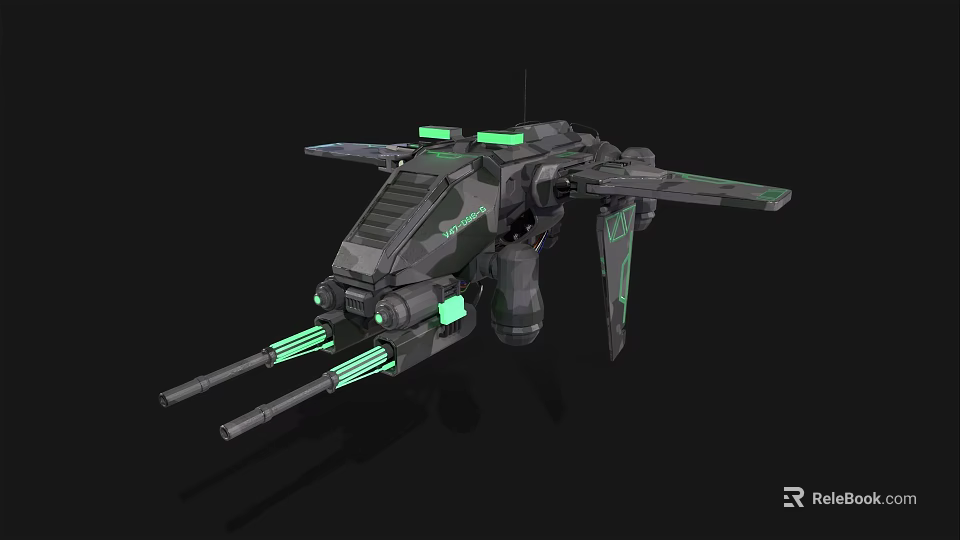 Futuristic Sci Fi Spaceship With Gray Body Green Glowing Cannons And Wings 3d model 