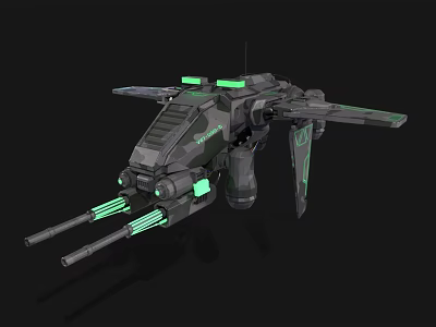 Futuristic Sci Fi Spaceship With Gray Body Green Glowing Cannons And Wings 3d model