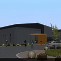 Modern Industrial Factory Building Exterior With Entrance Parking Lot And Greenery