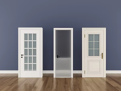 Three White Swing Doors Different Glass Designs Handles Dark Blue Wall Wooden Floor 3d model