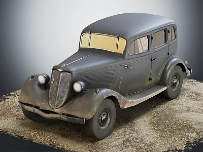 Vintage Black Car with Retro Grille Headlights and Old Tires on Gravel Ground 3d model