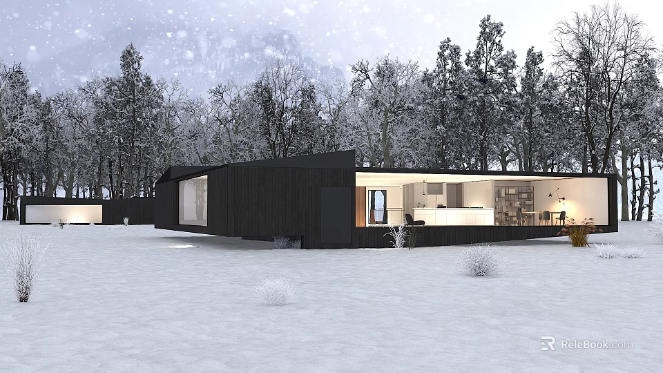 Modern Detached House In Snowy Landscape With Black Exterior And Glass Windows 3d model 