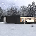 Modern Detached House In Snowy Landscape With Black Exterior And Glass Windows