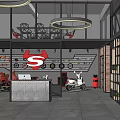 Industrial Style Specialty Store Interior With Brick Wall Wooden Shelves And Circular Pendant Lights