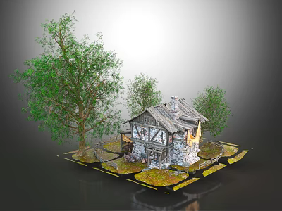 Detailed Small Stone Wooden House Model With Trees Grass And Environment 3d model