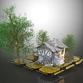Detailed Small Stone Wooden House Model With Trees Grass And Environment