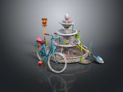 Vintage Bicycle And Tiered Fountain With Birdhouse Green Plants And Shovel 3d model
