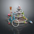 Vintage Bicycle And Tiered Fountain With Birdhouse Green Plants And Shovel