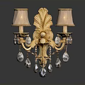 Elegant Ornate Gold Wall Sconce With Two Lampshades And Crystal Pendants