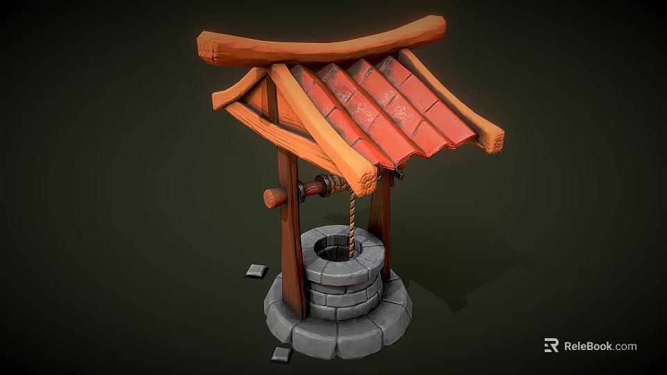 Traditional Old Fashioned Well With Wooden Roof Red Tiles And Stone Base 3d model 