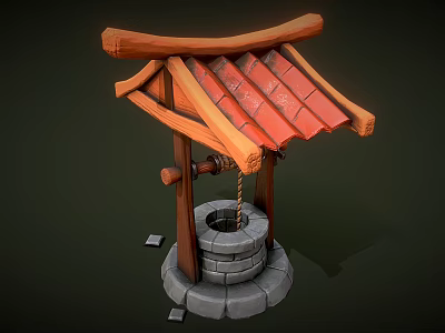 Traditional Old Fashioned Well With Wooden Roof Red Tiles And Stone Base 3d model