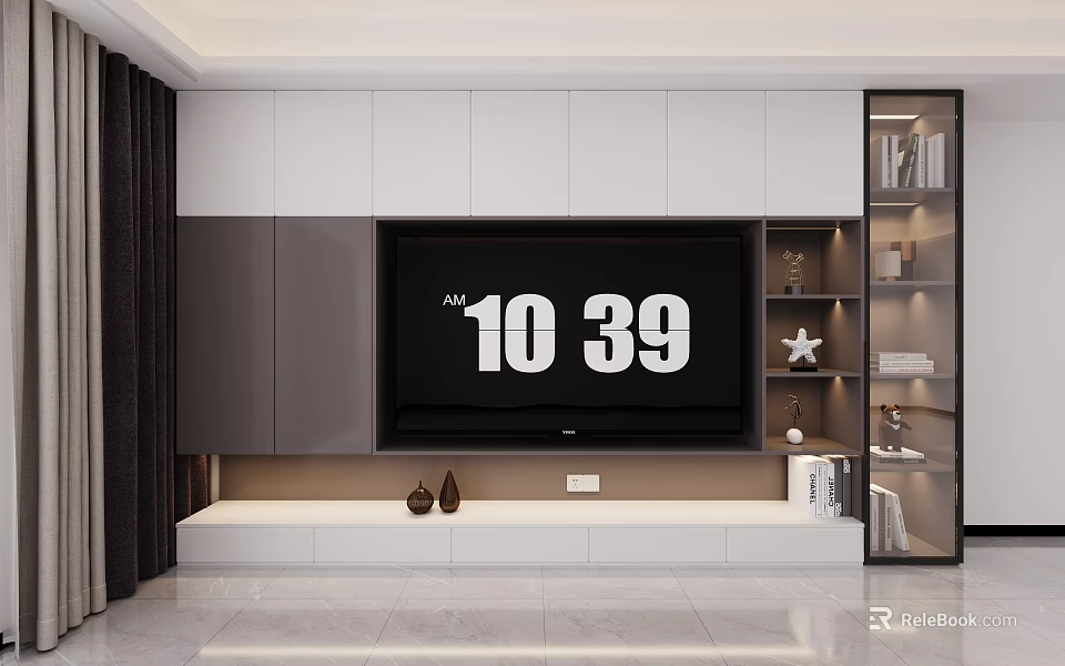 Modern Minimalist TV Background Cabinet With White Gray Open Shelves And Decorative Items 3d model 