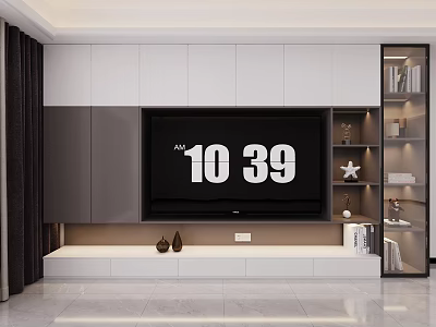 Modern Minimalist TV Background Cabinet With White Gray Open Shelves And Decorative Items 3d model