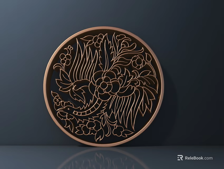 Intricate Circular Phoenix Floral Carving Metallic Wall Decor Ornament Design 3d model 