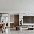 Modern Open Concept Living and Dining Room with Gray Sofa Dining Table and Pendant Lights