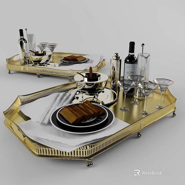 Elegant Dinnerware Set With Golden Tray Wine Glasses Plates And Bread 3d model 