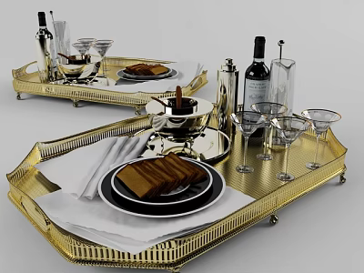 Elegant Dinnerware Set With Golden Tray Wine Glasses Plates And Bread 3d model