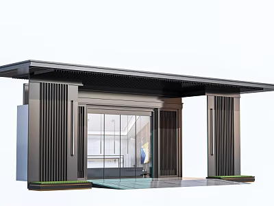 Modern Entrance Gate With Glass Door Metal Frame Vertical Striped Columns And Canopy 3d model