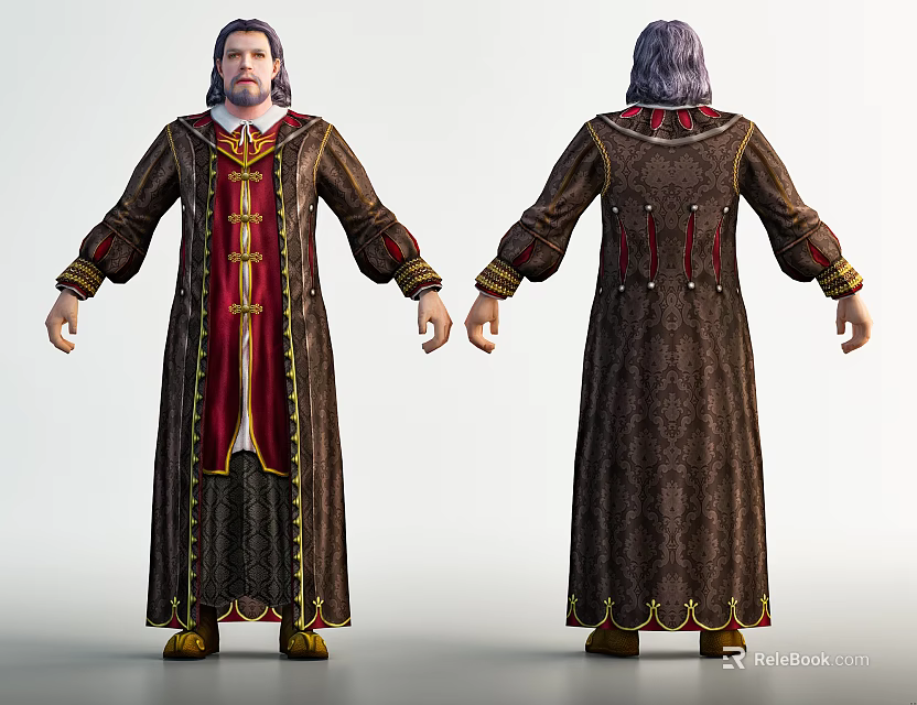 Medieval Fantasy Character Wearing Robe With Red Brown And Gold Details Front Back View 3d model 