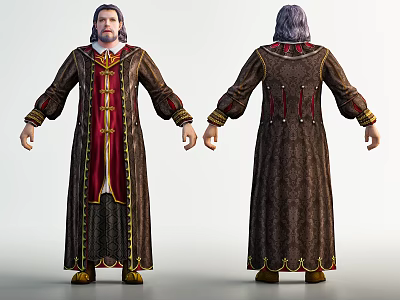 Medieval Fantasy Character Wearing Robe With Red Brown And Gold Details Front Back View 3d model