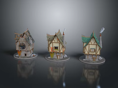 Cartoon Fairy Tale Scene With Three Small Houses Various Roofs And Decorated Windows 3d model