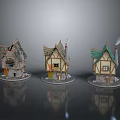 Cartoon Fairy Tale Scene With Three Small Houses Various Roofs And Decorated Windows