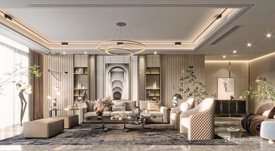 Modern Luxury Living Room Interior Design With Chandelier Sofa Bookshelf Green Plants And Carpet 3d model 
