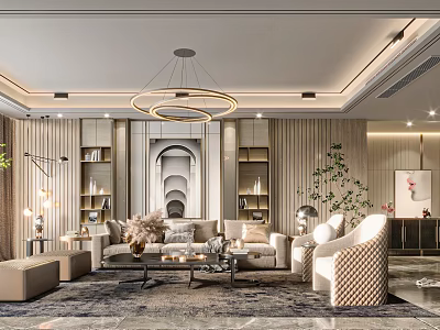 Modern Luxury Living Room Interior Design With Chandelier Sofa Bookshelf Green Plants And Carpet 3d model