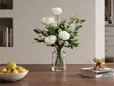Transparent Glass Vase With White Flowers And Green Leaves On Wooden Table With Books 3d model