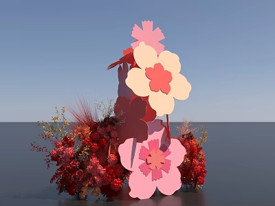 Decorative Ornament Set With Flower Shaped Pink Red Beige Elements And Floral Decorations 3d model