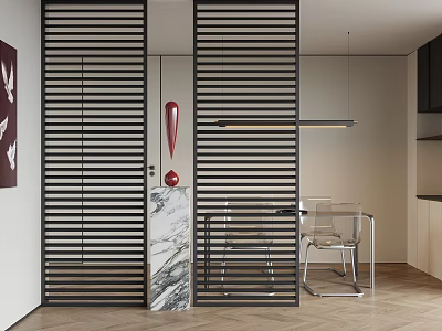 Modern Entryway Hallway Design With Slatted Partition Marble Countertop And Pendant Lighting 3d model