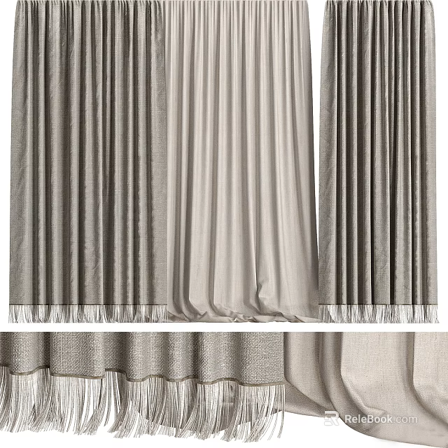 Modern Gray And Beige Linen Curtain Designs With Fringe Details And Soft Texture 3d model 