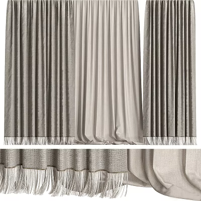 Modern Gray And Beige Linen Curtain Designs With Fringe Details And Soft Texture 3d model