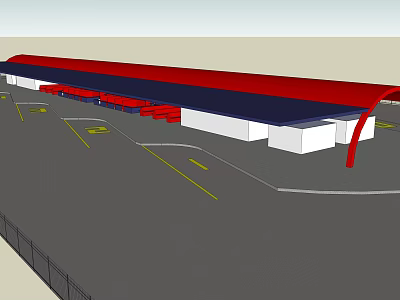 Large Commercial Building Structure With Red Blue Roof And Parking Lot Arrows 3d model