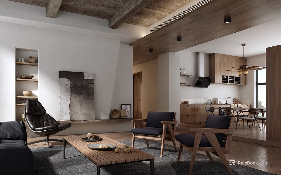 Modern Living Dining Area With Wooden Furniture Concrete Ceiling Artwork And Comfortable Chairs 3d model 