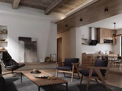 Modern Living Dining Area With Wooden Furniture Concrete Ceiling Artwork And Comfortable Chairs 3d model