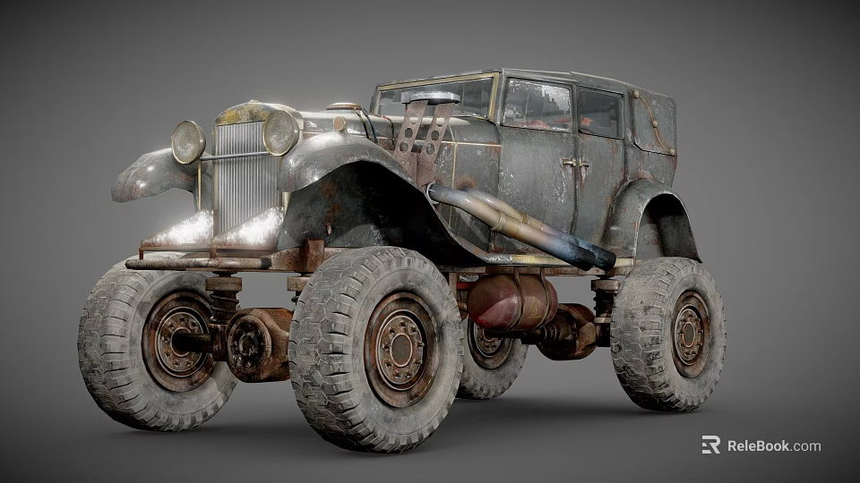Vintage Weathered Car With Large Off Road Tires And Modified Rustic Body Design 3d model 