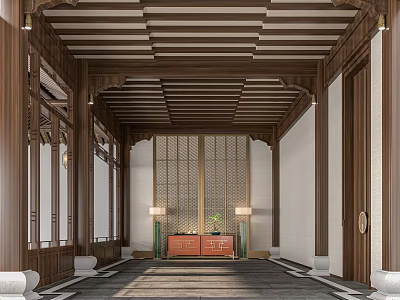 Hotel Corridor Traditional Wooden Lattice Screen Decorative Cabinet And Warm Lighting 3d model