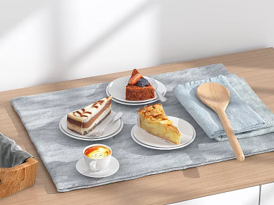 Assorted Delicious Cakes and Coffee on Gray Placemat with Wooden Spoon and Wooden Table 3d model