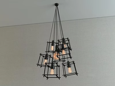 Modern Geometric Hanging Chandelier With Black Metal Frame And Multiple Exposed Bulbs 3d model